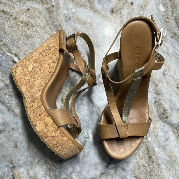 Jimmy Choo Leather and Kork Wedge Sandals Size 37.5 - Picture 2 of 14